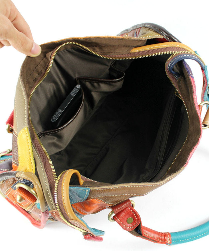 Elegante borsa tote in pelle di vitello patchwork con cerniera e rivetti colorblock