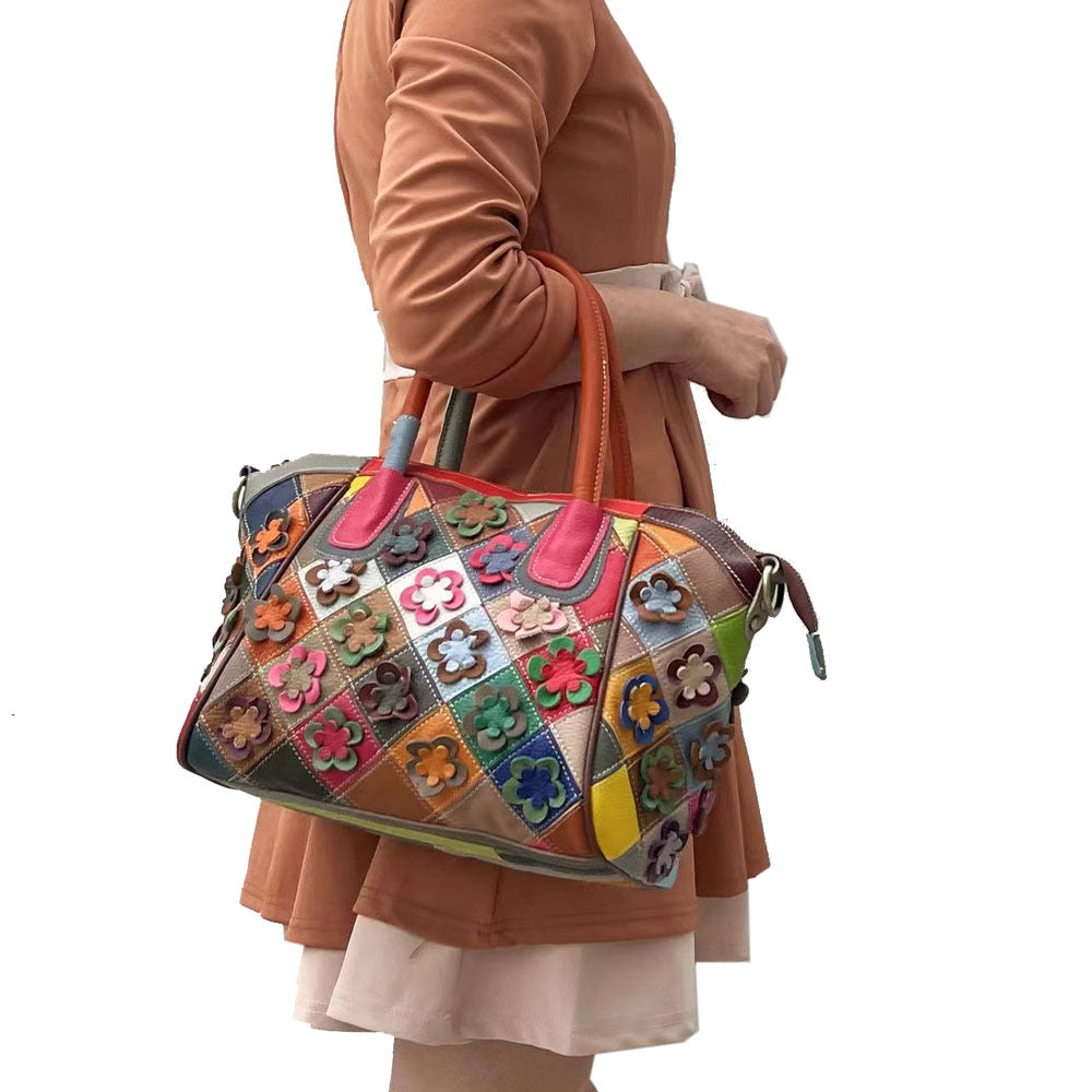 Borsa da donna in vera pelle, casual, retrò, colorata, con cuciture a contrasto, a tracolla