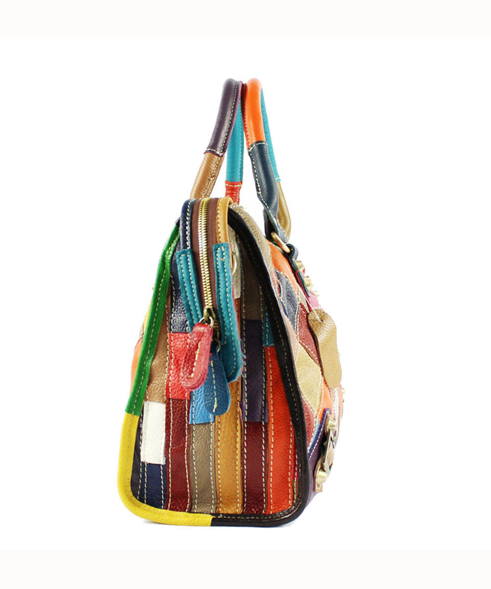 Elegante borsa tote in pelle di vitello patchwork con cerniera e rivetti colorblock