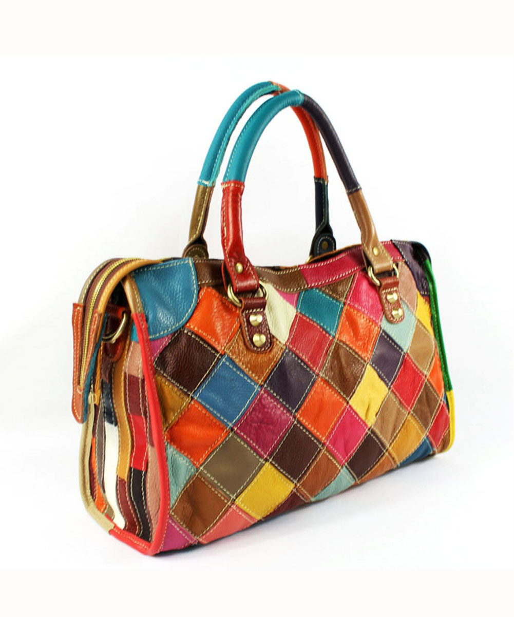 Elegante borsa tote in pelle di vitello patchwork con cerniera e rivetti colorblock