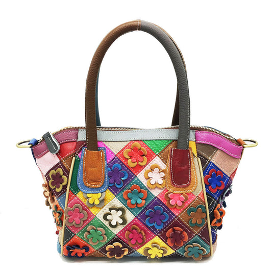 Borsa da donna in vera pelle, casual, retrò, colorata, con cuciture a contrasto, a tracolla