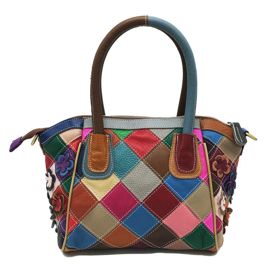Borsa da donna in vera pelle, casual, retrò, colorata, con cuciture a contrasto, a tracolla