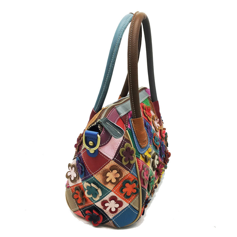 Borsa da donna in vera pelle, casual, retrò, colorata, con cuciture a contrasto, a tracolla