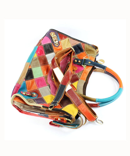 Elegante borsa tote in pelle di vitello patchwork con cerniera e rivetti colorblock