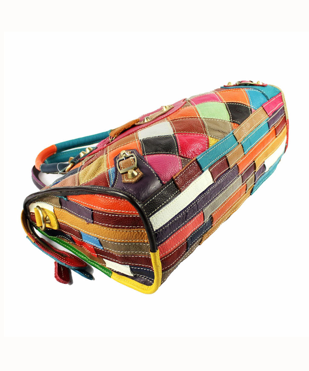 Elegante borsa tote in pelle di vitello patchwork con cerniera e rivetti colorblock