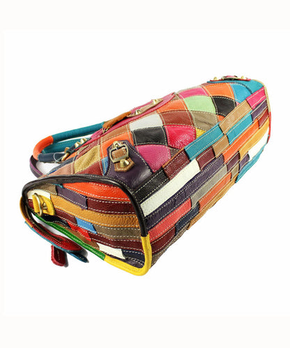 Elegante borsa tote in pelle di vitello patchwork con cerniera e rivetti colorblock