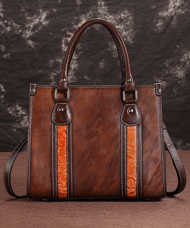 Borsa a mano in pelle di vitello marrone, di grande capacità/borsa a tracolla