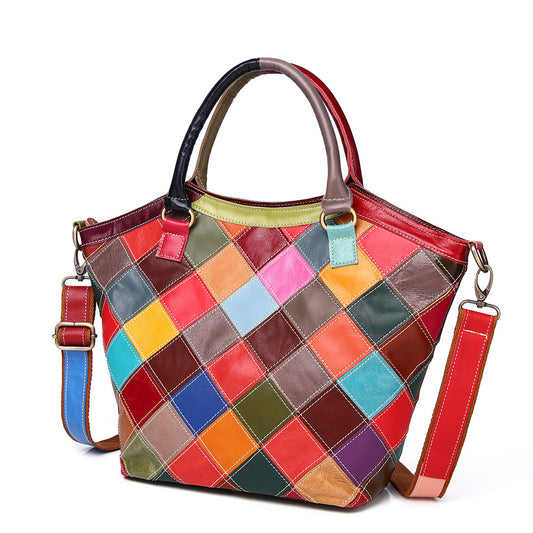 Nuova borsa da donna in vera pelle di vacchetta, borsa a tracolla colorata in pelle di vacchetta scozzese con colori a contrasto, borsa da donna
