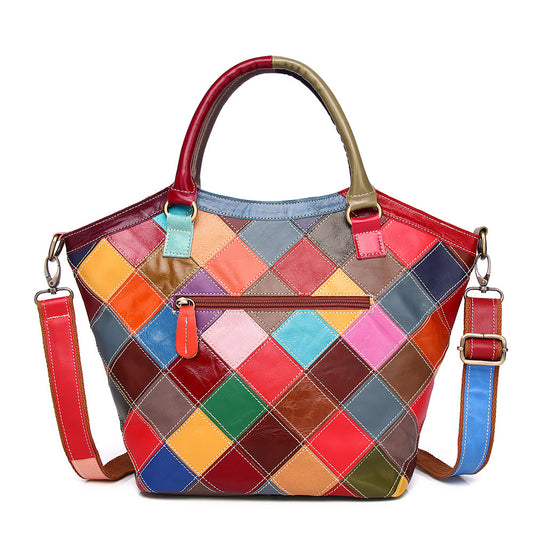 Nuova borsa da donna in vera pelle di vacchetta, borsa a tracolla colorata in pelle di vacchetta scozzese con colori a contrasto, borsa da donna