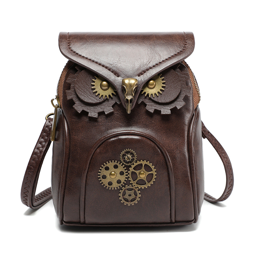 Borsa a tracolla in pelle Steampunk - Borsa a tracolla con gufo marrone