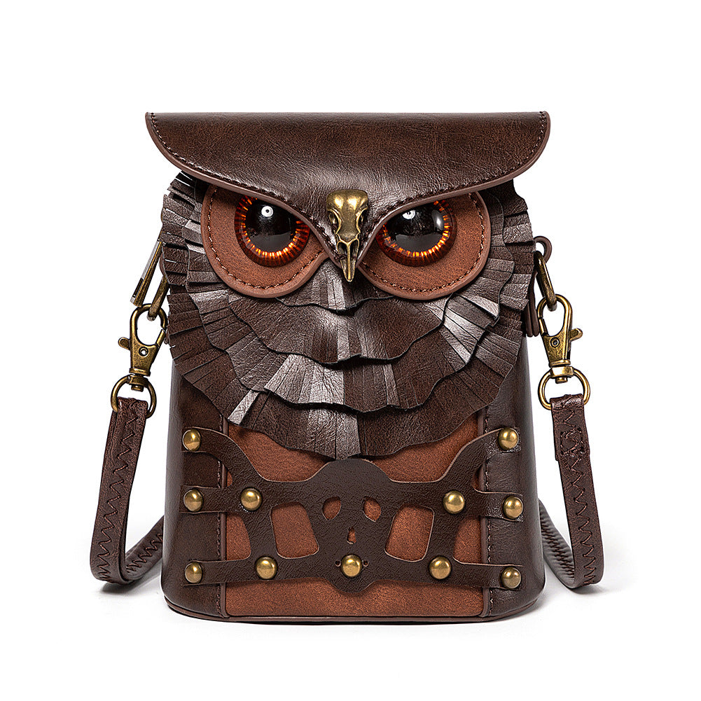 Borsa a tracolla in pelle Steampunk - Borsa a tracolla con gufo marrone
