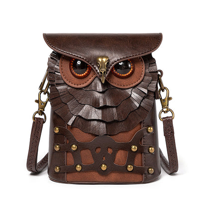 Borsa a tracolla in pelle Steampunk - Borsa a tracolla con gufo marrone