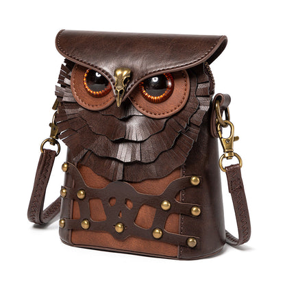 Borsa a tracolla in pelle Steampunk - Borsa a tracolla con gufo marrone